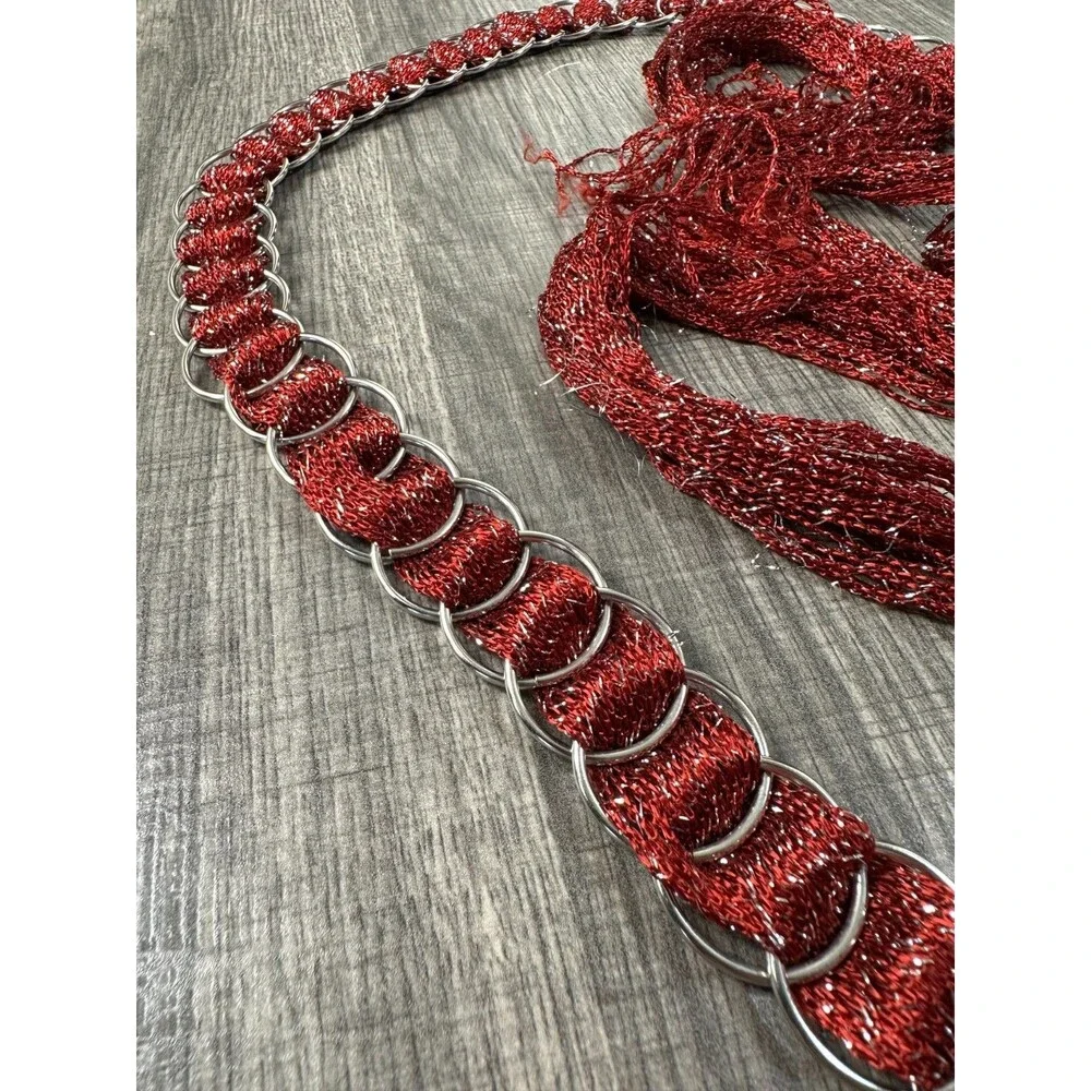 Women's Belt 60in Long Silver Rings Burgundy and Silver Metallic Fabric Tie Belt